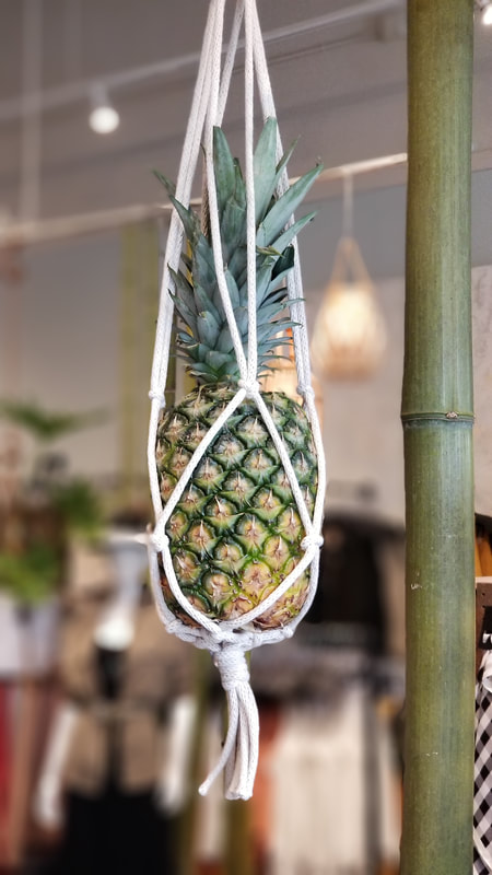 Pineapple hanging from a macrame hanger in a visual display.