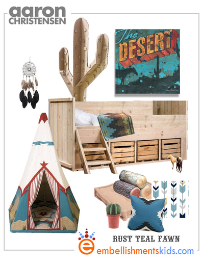 Create a perfect desert themed boys room featuring rustic furniture, bold patterns and art by Aaron Christensen.  Mood board for the Desert room.